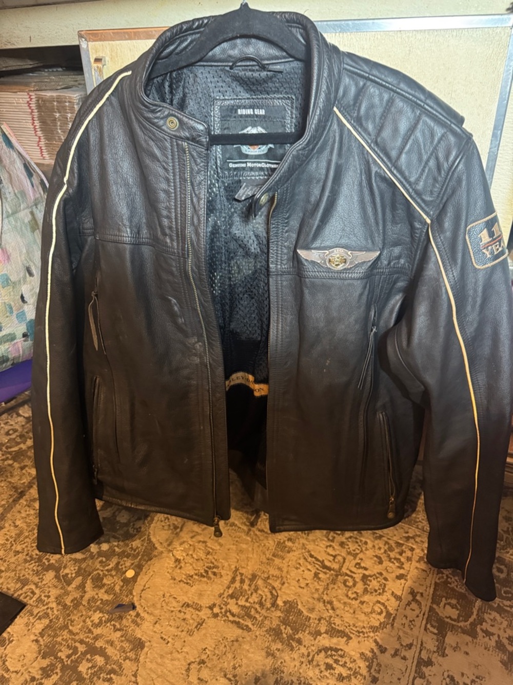 Harley-Davidson Black Leather Bomber Jacket with Cream Piping